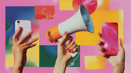Creative expression with a megaphone and smartphones against a colorful backgroundの素材