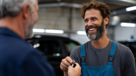 Car technician hands over keys to customer in modern auto repair shop settingの素材