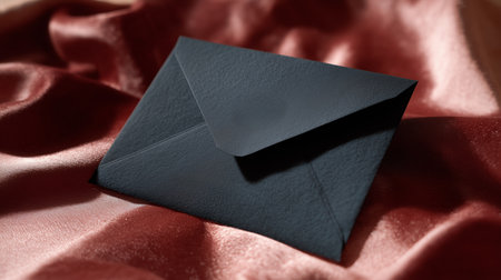 Dark envelope resting on smooth red fabric with soft textureの素材