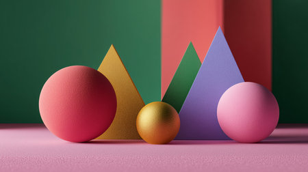 Colorful geometric shapes arranged on a vibrant background in a creative displayの素材