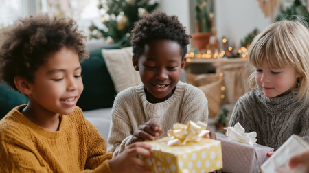 Children joyfully opening gifts during a festive celebration at homeの素材