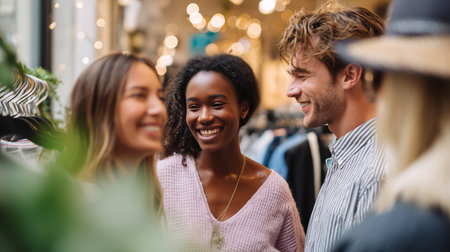 Friends enjoying a lively shopping trip in a boutique on a sunny dayの素材