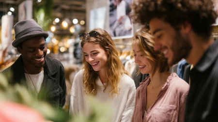 Friends enjoying time together while shopping in a vibrant clothing storeの素材