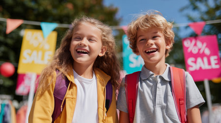 Children enjoying a cheerful day at a vibrant outdoor sale event in the parkの素材