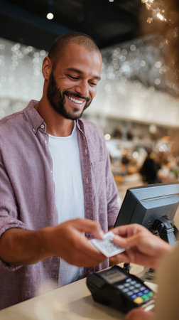 Smiling man assisting customer at a store checkout in a busy shopping areaの素材