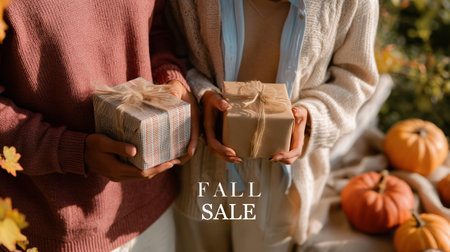 Fall season gift exchange showcasing wrapped presents and autumn decorの素材