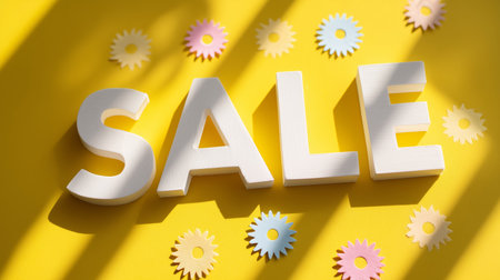 Colorful sale letters with festive decorations on a bright yellow backgroundの素材