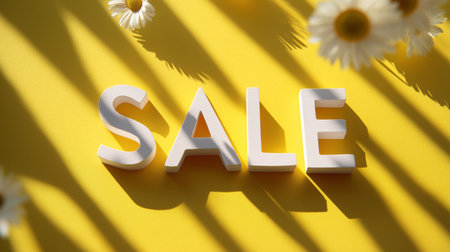 Bright yellow background with white letters spelling sale and daisies nearbyの素材