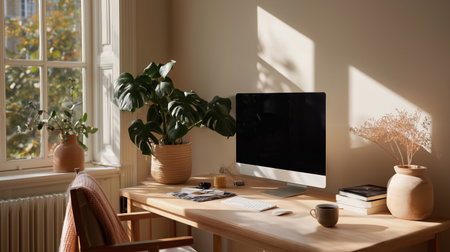 Cozy workspace with computer and houseplants in a sunlit room during the afternoonの素材