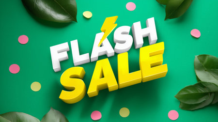 Dynamic flash sale announcement on a vibrant green background with colorful accentsの素材