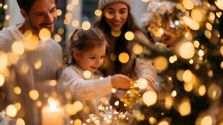 Family decorating a Christmas tree at home during the holiday season in the eveningの素材