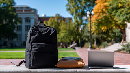 Study session at a university campus with a backpack and laptop on a sunny dayの素材