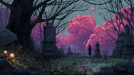 Mysterious graveyard with pink clouds and dark trees under twilight skyの素材