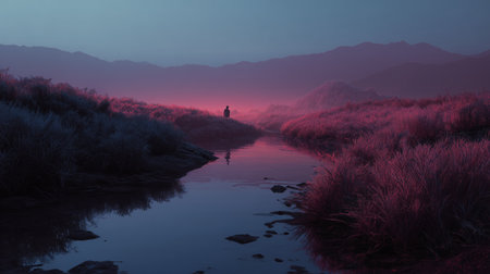 Mysterious twilight landscape with person by reflective water in serene natural settingの素材