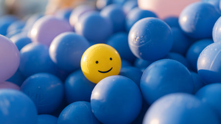 Colorful ball pit with a smiling yellow ball among blue and purple balls in a play areaの素材