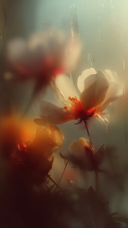 Softly glowing flowers create a dreamy atmosphere near a window in early morning lightの素材