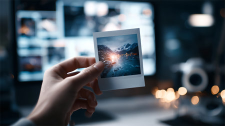 Hand holding a small photo in front of a computer with multiple images displayedの素材