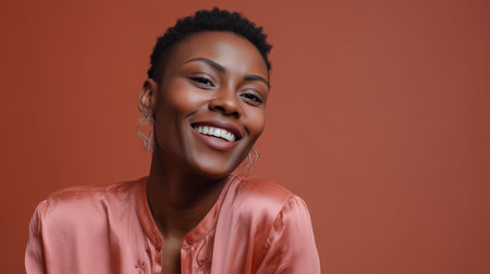 Smiling woman with short hair wearing a pink shirt in front of a warm-colored backgroundの素材