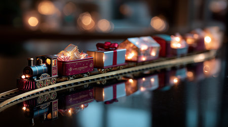 Colorful toy train carrying gifts on tracks during festive holiday season celebrationの素材
