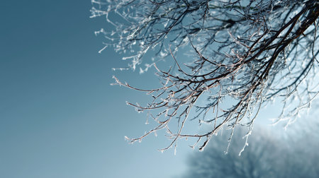 Frost-covered branches glisten in the winter sunlight against a clear blue skyの素材