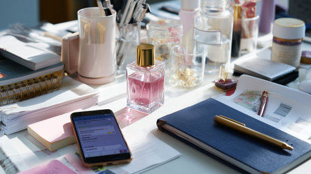 Workspace setting with organized items, a pink perfume bottle, and a smartphone on a deskの素材