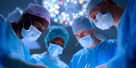 Surgeons collaborate in a modern operating room during a complex surgical procedureの素材