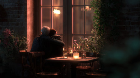 Couple enjoys a quiet evening together at a cozy cafÃ© with warm lightingの素材
