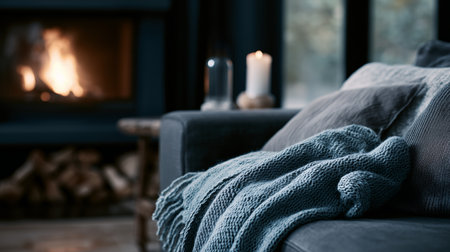 Cozy living room with a warm fireplace and soft blanket during evening hoursの素材