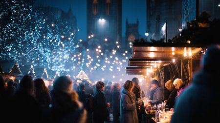 Crowd enjoying evening market with lights and holiday decorations in a historic locationの素材