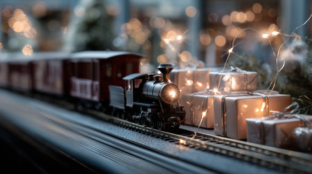 Steam train delivering holiday gifts surrounded by festive lights and decorationsの素材