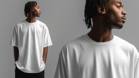 Model showcases white t-shirt in a contemporary fashion setting during a studio shootの素材