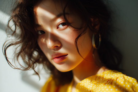 Young woman with curly hair and yellow dress enjoys soft sunlight in a cozy settingの素材
