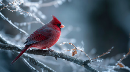Cardinal bird perched on a frosty branch during winter in a serene forest settingの素材