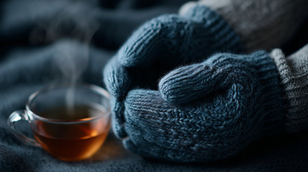 Warm hands cradle a steaming cup of tea on a cold winter day indoorsの素材