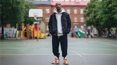 Urban fashion in a playground setting on a cloudy dayの素材