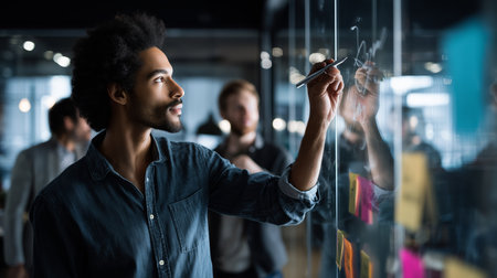 Professional team member presenting ideas on a glass board during a brainstorming sessionの素材