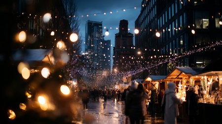 City square decorated with festive lights during evening market event in winterの素材