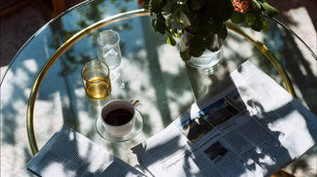 Morning coffee and newspaper on a glass table with flower arrangementsの素材