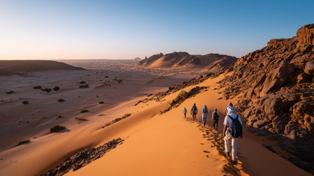 Exploring the vast desert landscape during golden hour in a remote locationの素材