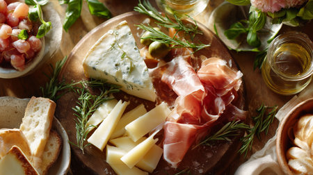 Delicious cheese and meat platter with herbs and olives on wooden tableの素材