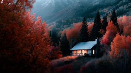 Cozy cabin surrounded by vibrant autumn foliage in a mountainous landscapeの素材