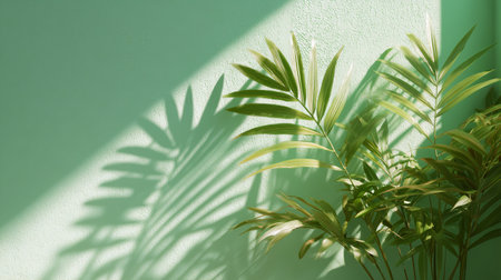 Soft sunlight casts shadows of green leaves on a light green wall in a peaceful indoor spaceの素材