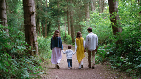 Family strolls through green forest path on a sunny day enjoying nature togetherの素材