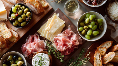 Delicious spread of cheese, meats, and olives on wooden boards at a gatheringの素材