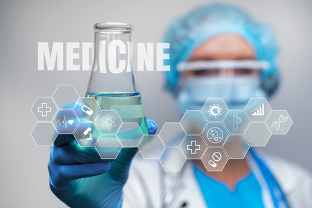 Scientist demonstrating innovative medicine research in a laboratory settingの写真素材