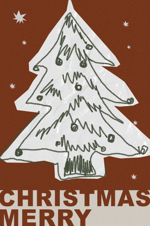 Merry Christmas illustration featuring a drawn Christmas tree with festive elementsの写真素材