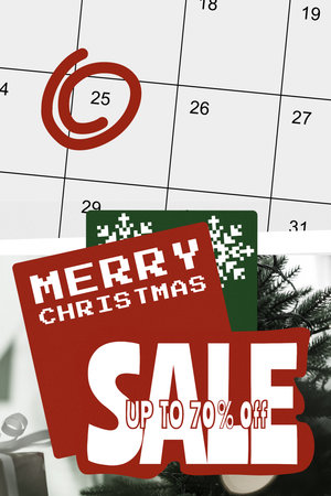 Christmas sale announcement on calendar with special discounts for holiday shoppersの写真素材