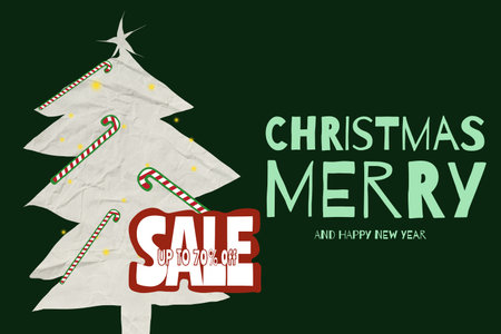 Festive Christmas sale announcement featuring a decorated tree with discountsの写真素材