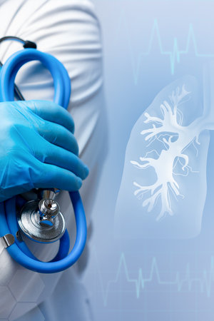 Medical professional with stethoscope highlights lung health and cardiac monitoringの写真素材