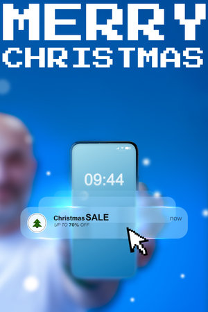 Holiday sale on mobile devices with festive backgroundの写真素材